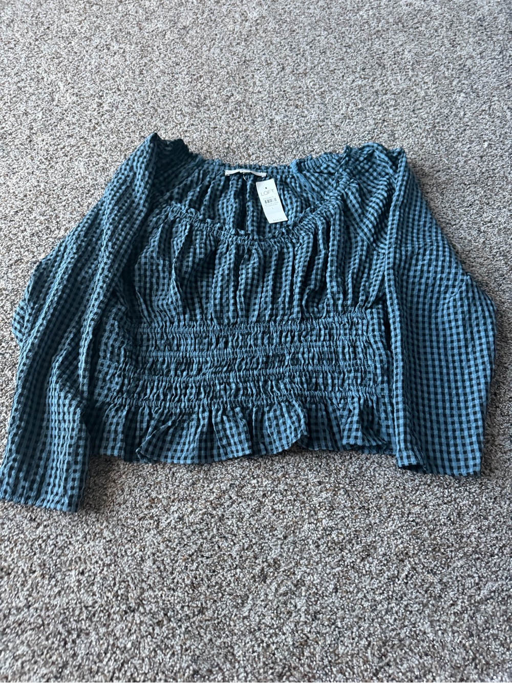 LOFT Gingham Smocked Ruffle V-Neck Blouse Dove Blue Black Large NWT
